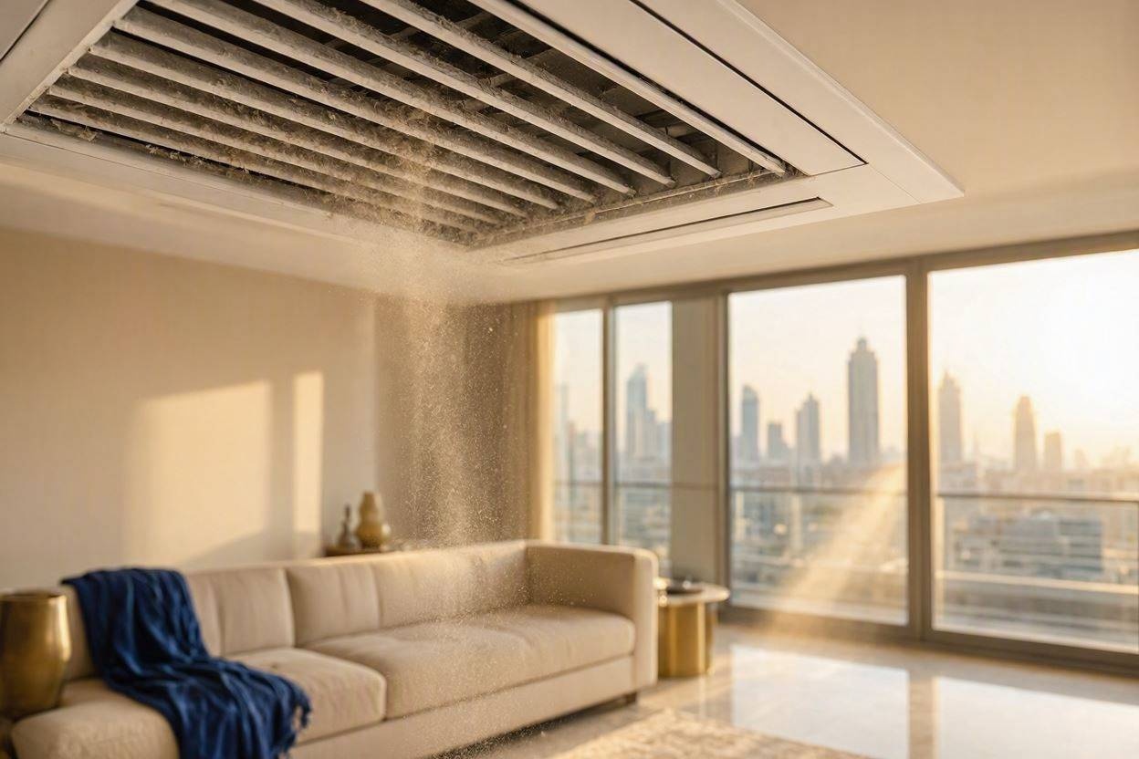 Close up of a dirty AC Vent blowing visible dust particles.